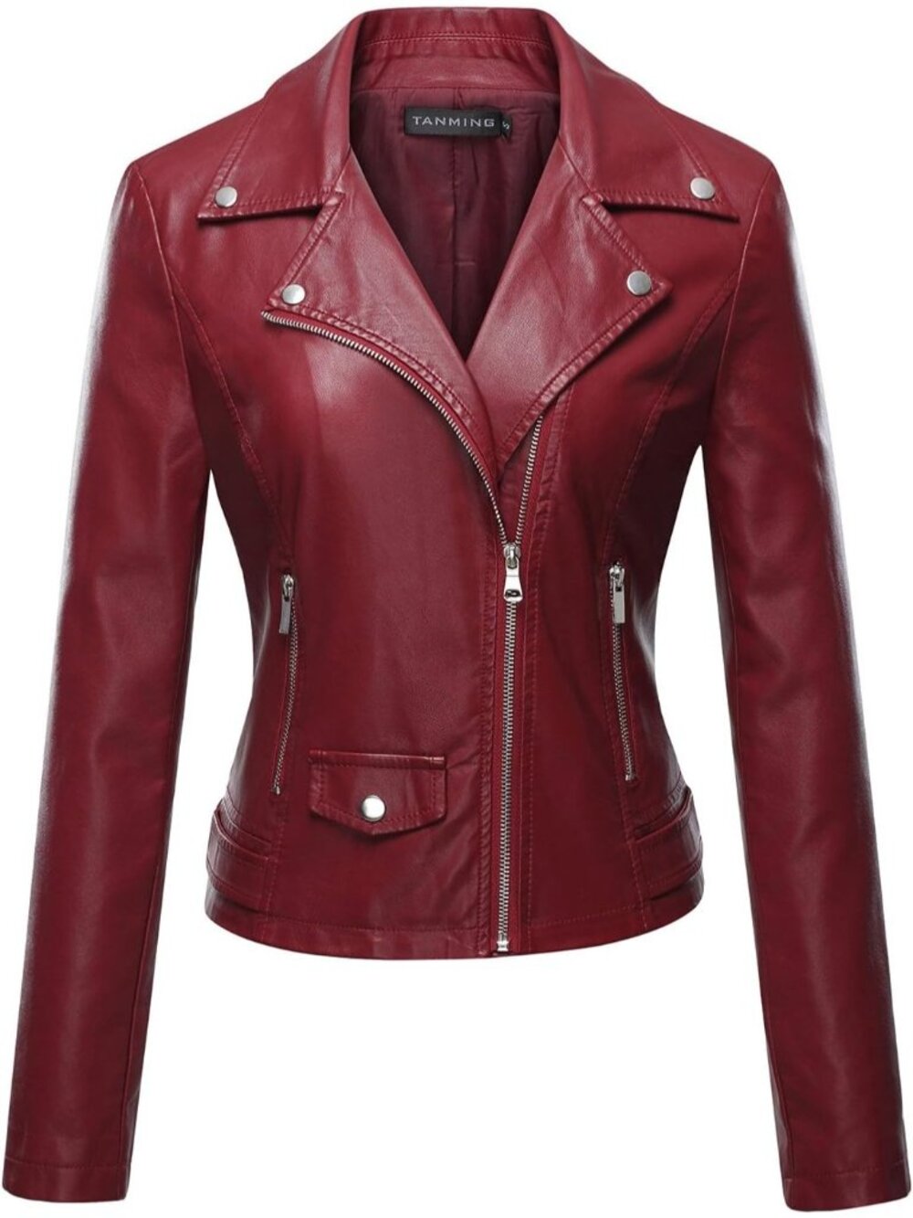 Women's Red Faux Leather Moto Biker Jacket Slim Fit Zip Up Casual Short Coat